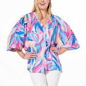"As Is" Colleen Lopez Printed Woven Dolman Top with Button Front