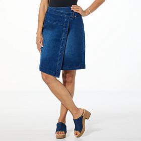 "As Is" Colleen Lopez Stretch Denim Faux Wrap Skirt with Belt