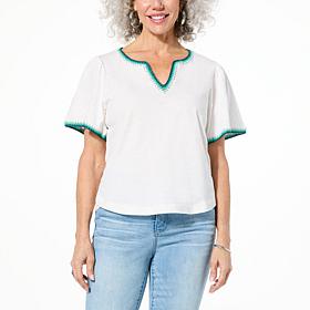 "As Is" Democracy Crochet Trim Bell-Sleeve Knit Top