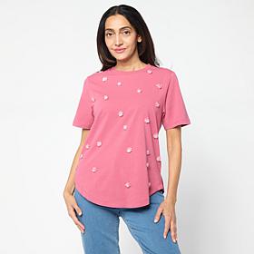 "As Is" DG2 by Diane Gilman Cotton Jersey 3D Floral Embellished Tee