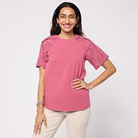 "As Is" DG2 by Diane Gilman Cotton Jersey Knit Eyelet Raglan Sleeve...