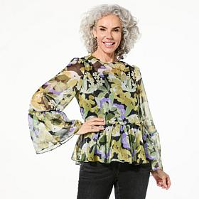 "As Is" DG2 by Diane Gilman Crinkle Chiffon Bell Sleeve Blouse