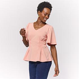 "As Is" DG2 by Diane Gilman Flutter-Sleeve Shirred Waist V-Neck Kni...