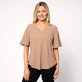 "As Is" DG2 by
Diane Gilman Knit Plisse Puff Sleeve V-neck Top