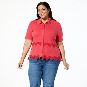 "As Is" DG2 by Diane Gilman Lace Inset Knit Button-Up Shirt