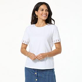 "As Is" DG2 by Diane Gilman Short Sleeve Lace Inset Top