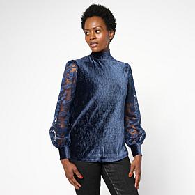 "As Is" Diane Gilman Embroidered Tulle Sleeve Mock Neck Top