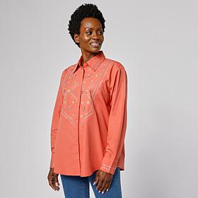 "As Is" G by Giuliana Embroidered Bib Woven Button Front Shirt