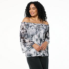 "As Is" G by Giuliana Off-the-Shoulder Printed Aria Mesh Knit Blouse