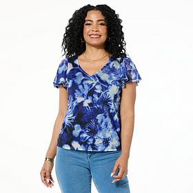 "As Is" G by Giuliana Printed Aria Mesh Knit Flutter-Sleeve Top