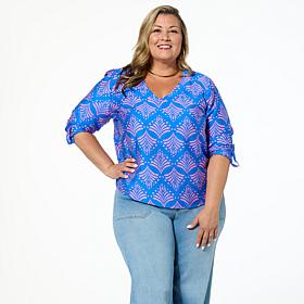 "As Is" G by Giuliana Printed Woven Top with Rolled Up Sleeves