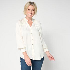 "As Is" G by Giuliana Woven Button Front Blouse with Ruffle Detail