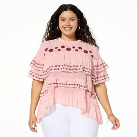 "As Is" G by Giuliana Woven Embroidered Ruffle Top