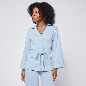 "As Is" Grey by Jhoan Sebastian Grey Knit Denim 3/4 Sleeve Collared...
