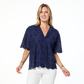 "As Is" HUE Button Down Eyelet Top with Scalloped Trim