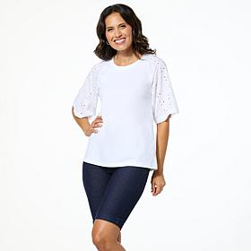 "As Is" HUE Cotton Knit Eyelet Raglan Sleeve Tee
