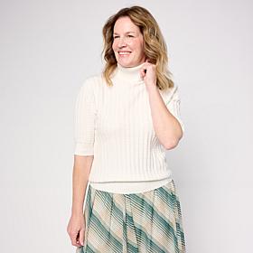 "As Is" Jaclyn Smith Elbow-Sleeve Turtleneck Sweater with Cable Sti...