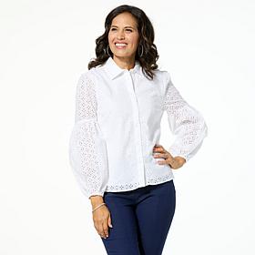 "As Is" Jaclyn Smith Poet-Sleeve Woven Eyelet Button-Up Shirt