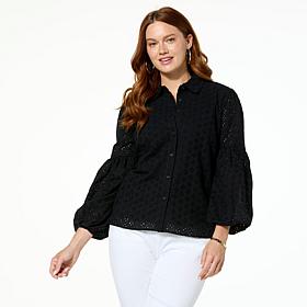 "As Is" Jaclyn Smith Poet-Sleeve Woven Eyelet Button-Up Shirt