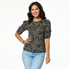 "As Is" Jaclyn Smith Ruched Puff-Sleeve Cotton Slub Knit Tee