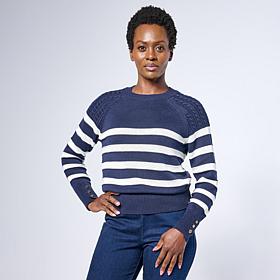 "As Is" Jaclyn Smith Striped Raglan Cable Knit Crew Neck Sweater