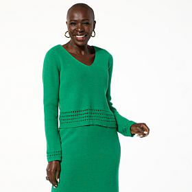 "As Is" Jaclyn Smith V-Neck Sweater with Crochet Hem