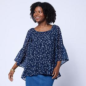 "As Is" Nina Leonard Crushed Printed Chiffon Tiered Hem Top