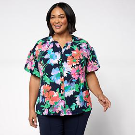 "As Is" Nina Leonard Print Textured Wave Bubble-Sleeve Shirt