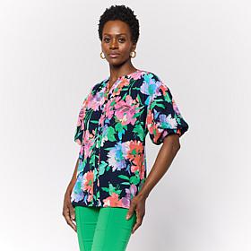 "As Is" Nina Leonard Print Textured Wave Bubble-Sleeve Shirt