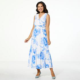 "As Is" Nina Leonard Printed Chiffon Smocked Waist Maxi Dress