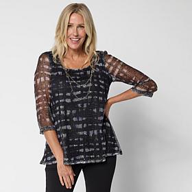 "As Is" Nina Leonard Printed Mesh Knit Sequin Top with Detachable N...