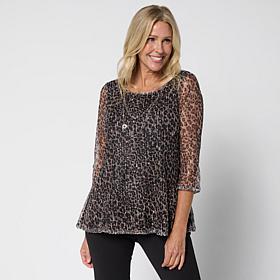 "As Is" Nina Leonard Printed Mesh Knit Sequin Top with Detachable N...