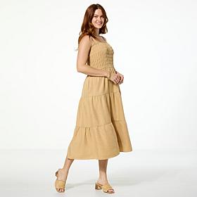 "As Is" Nina Leonard Sleeveless Smocked Midi Dress