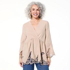 "As Is" Nina Leonard Surplice Neck Bell Sleeve Hi-Low Top