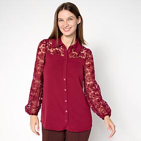 "As Is" Nina Leonard Textured Wave and Embroidered Mesh Top