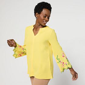 "As Is" Nina Leonard Textured Wave Knit Embroidered Bell-Sleeve Top