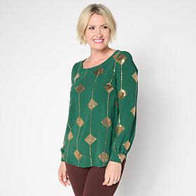 "As Is" Nina Leonard Textured Wave Sequined Balloon Sleeve Top