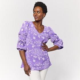 "As Is" Nina Leonard V-Neck 3/4 Pick-Up Sleeve Printed Top