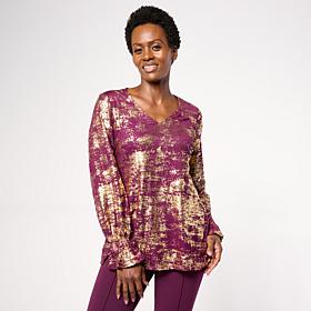 "As Is" Nina Leonard V Neck Printed Foiled Powermesh Top
