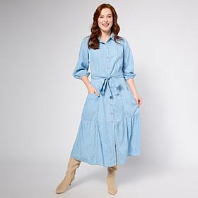 "As Is" TWRHLL by Christie Brinkley Belted Denim Midi Dress