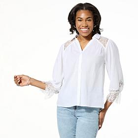 "As Is" TWRHLL by Christie Brinkley Lace Sleeve Button-Down Top