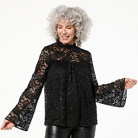 "As Is" TWRHLL by Christie Brinkley Sequined Lace Bell Sleeve Blouse