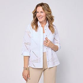 "As Is" WynneCollection 3/4-Sleeve Pointelle Patchwork Shirt