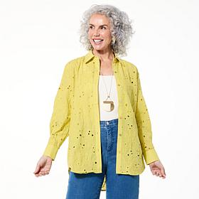 "As Is" WynneCollection Embroidered Button-Down Cotton Shirt