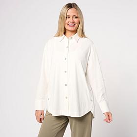 "As Is" WynneLayers Cotton Curved Hem Button-Down Shirt