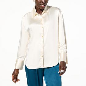 "As Is" WynneLayers Printed Satin Button-Down Shirt with Cuff Detail