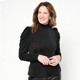 C Wonder Mock Neck Shirred Puff Sleeve Top