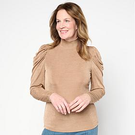 C Wonder Mock Neck Shirred Puff Sleeve Top