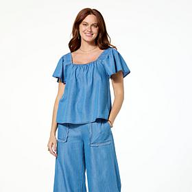 C Wonder Square Neck Flutter Sleeve Blouse