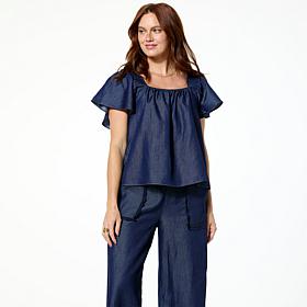 C Wonder Square Neck Flutter Sleeve Blouse